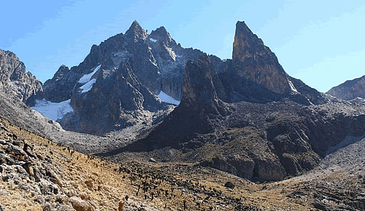 A panoramic view of Mount Kenya, showcasing its rugged, snow-capped peaks against a clear blue sky.