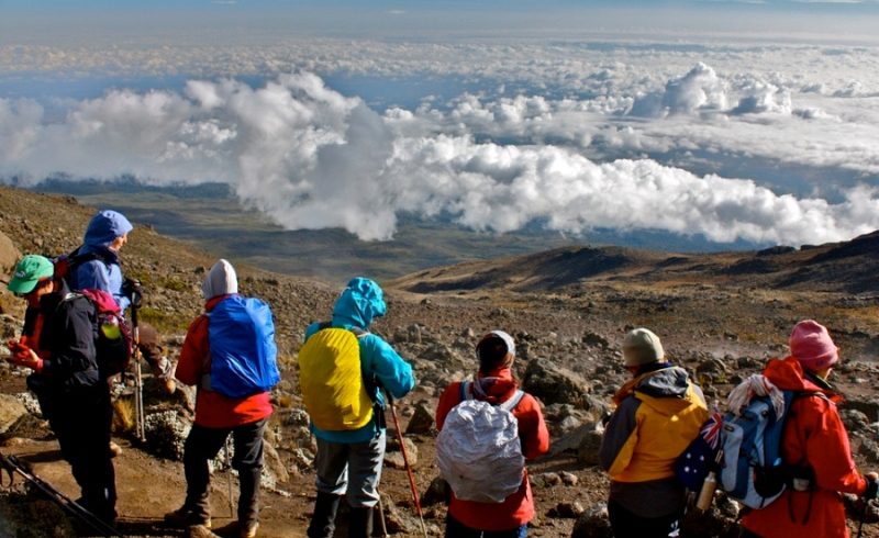 Tourists on Mount Kilimanjaro looking out over a sea of clouds from a high vantage point.