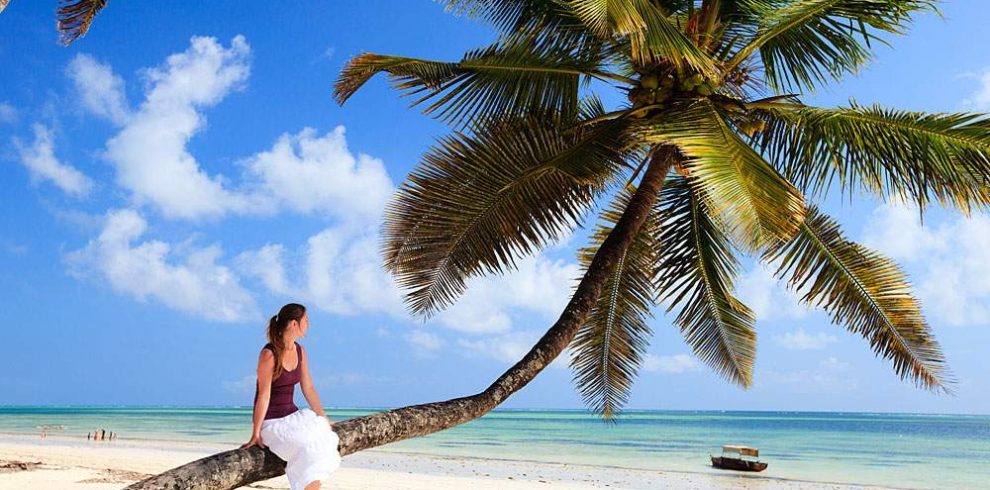 : A lady seated on a palm tree, enjoying the tropical setting and view.