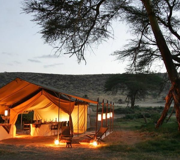 A camp setup in the Kenyan wilderness with tents and campfire surrounded by nature.